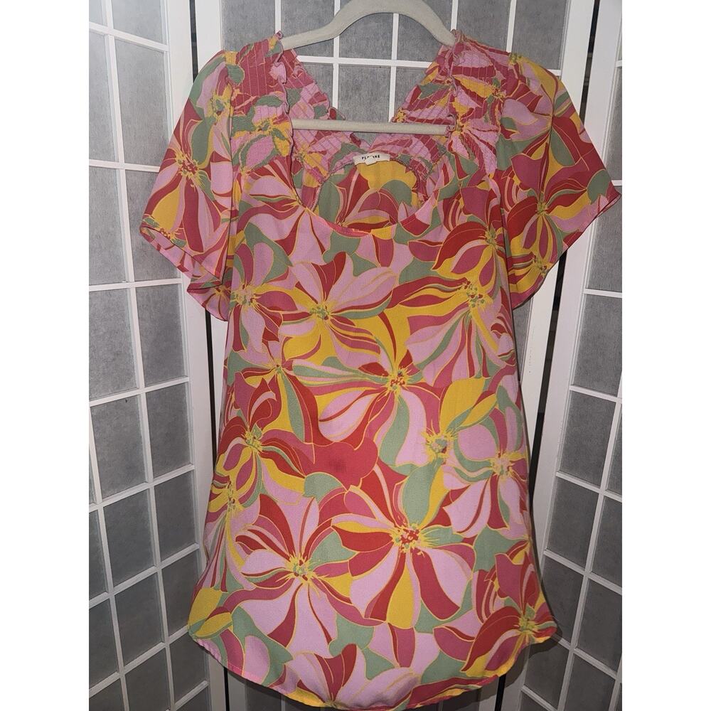 Pleione Floral Tie Neck Blouse Womens Medium Red Pink Top